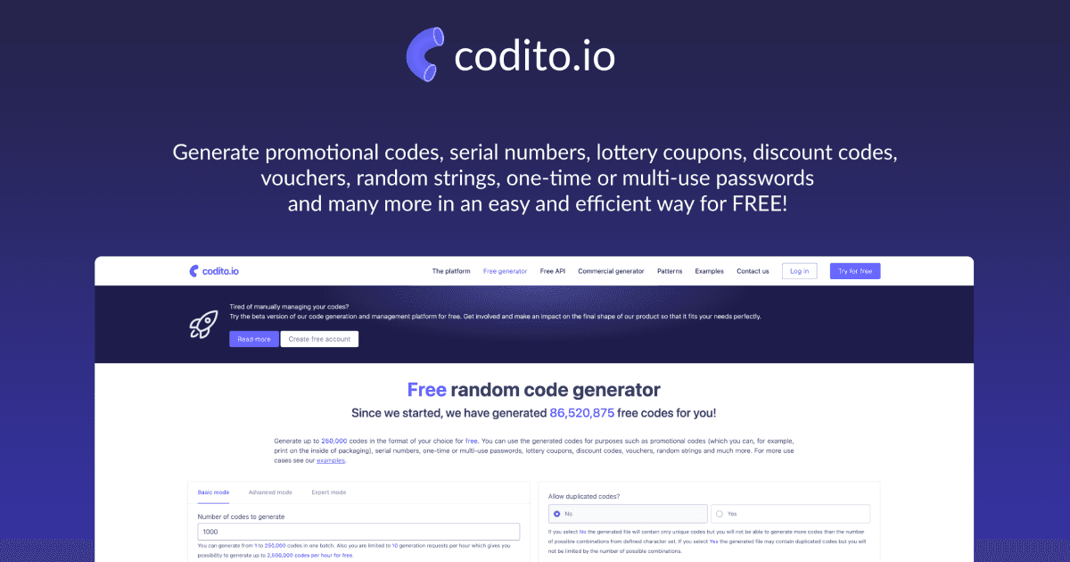Free random code generator by codito.io
